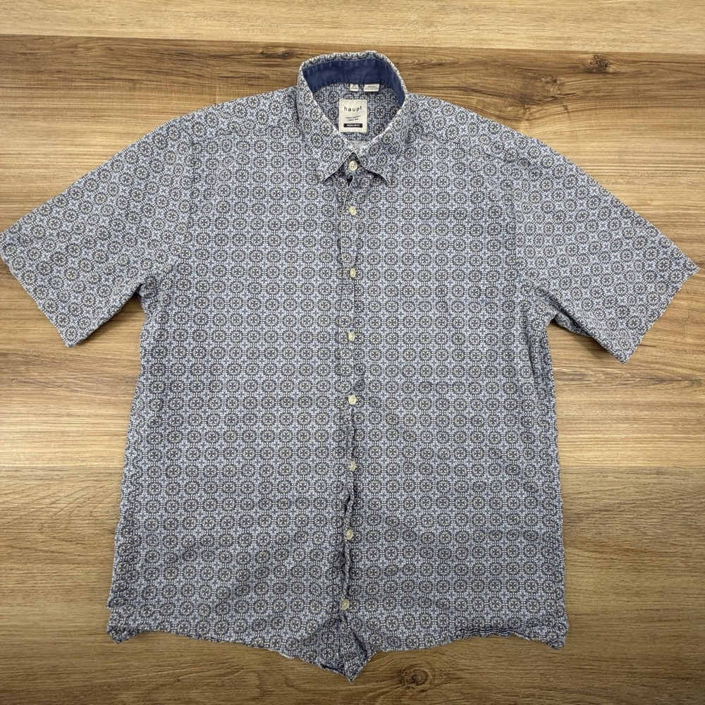 HAUPT Mens M 39/40 Blue White Abstract Swirl Print Button Up Shirt Unique EUC